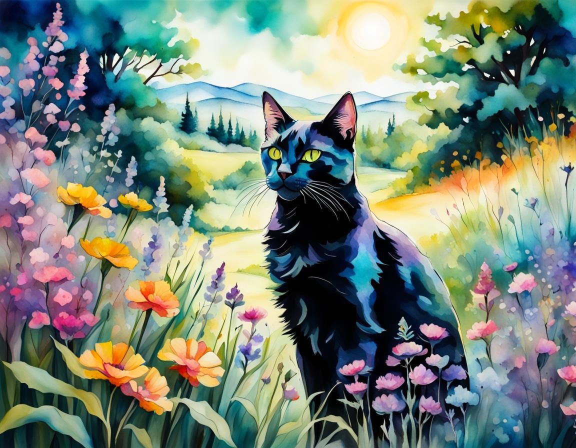 Sweet Black Cat in Lush Meadow, Alcohol Ink Style