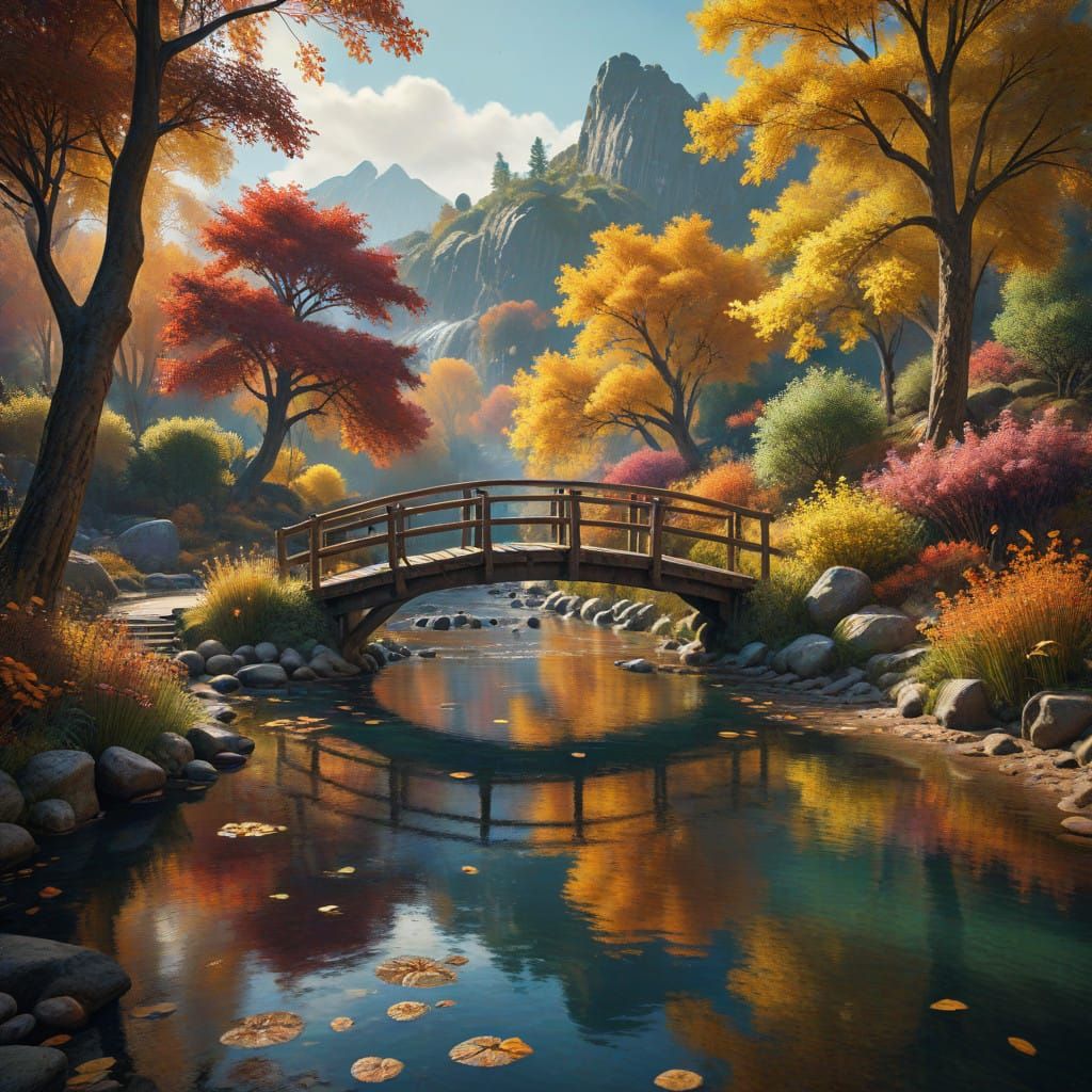 Autumn River Scene with Quaint Wooden Bridge in Vibrant HDR...