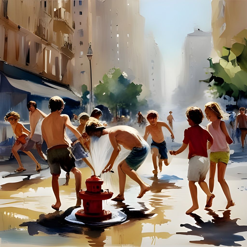 Children Playing in Fire Hydrant Water, Watercolor Style