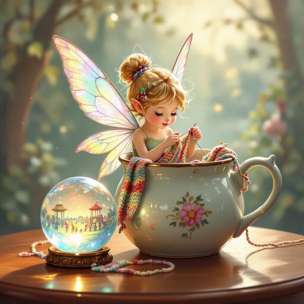 Whimsical Fairy Knitting Inside Teapot with Crystal Ball