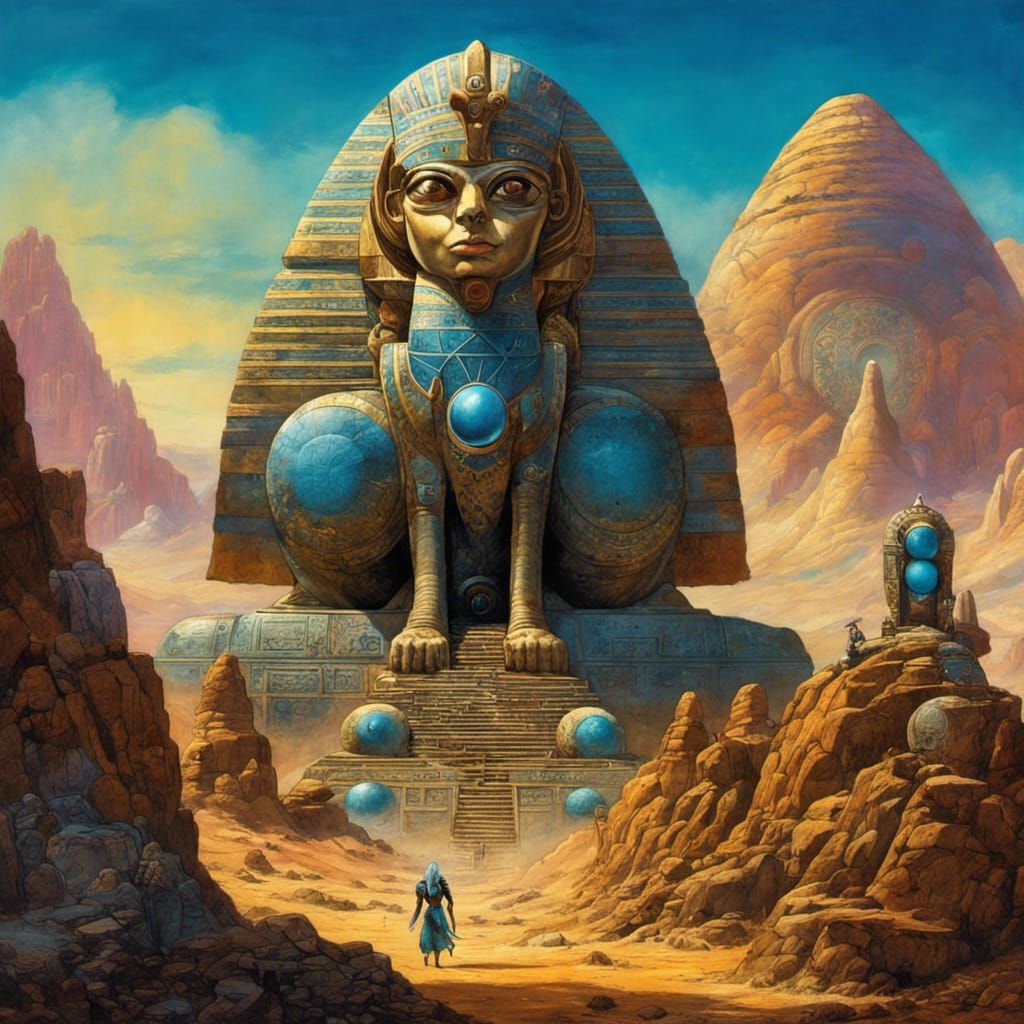 Egyptian Goddess Sphinx in Cyberpunk Alien Landscape