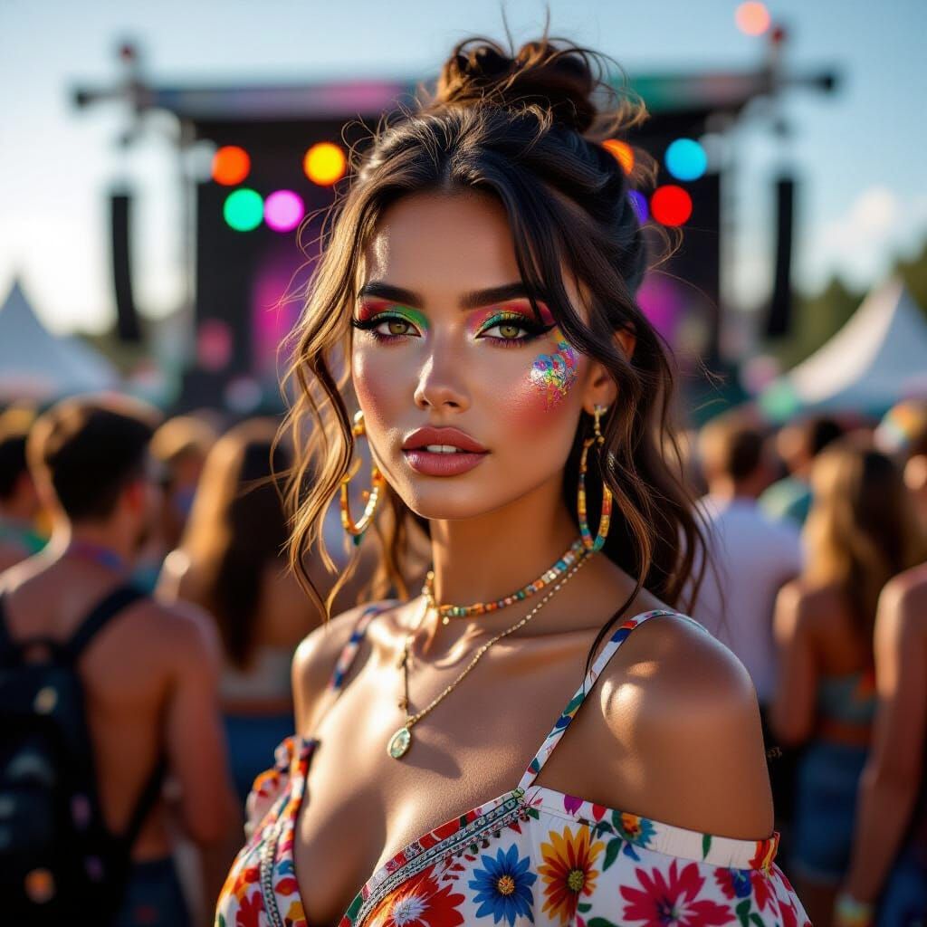 Glamorous Festival Model with Boho-Chic Style