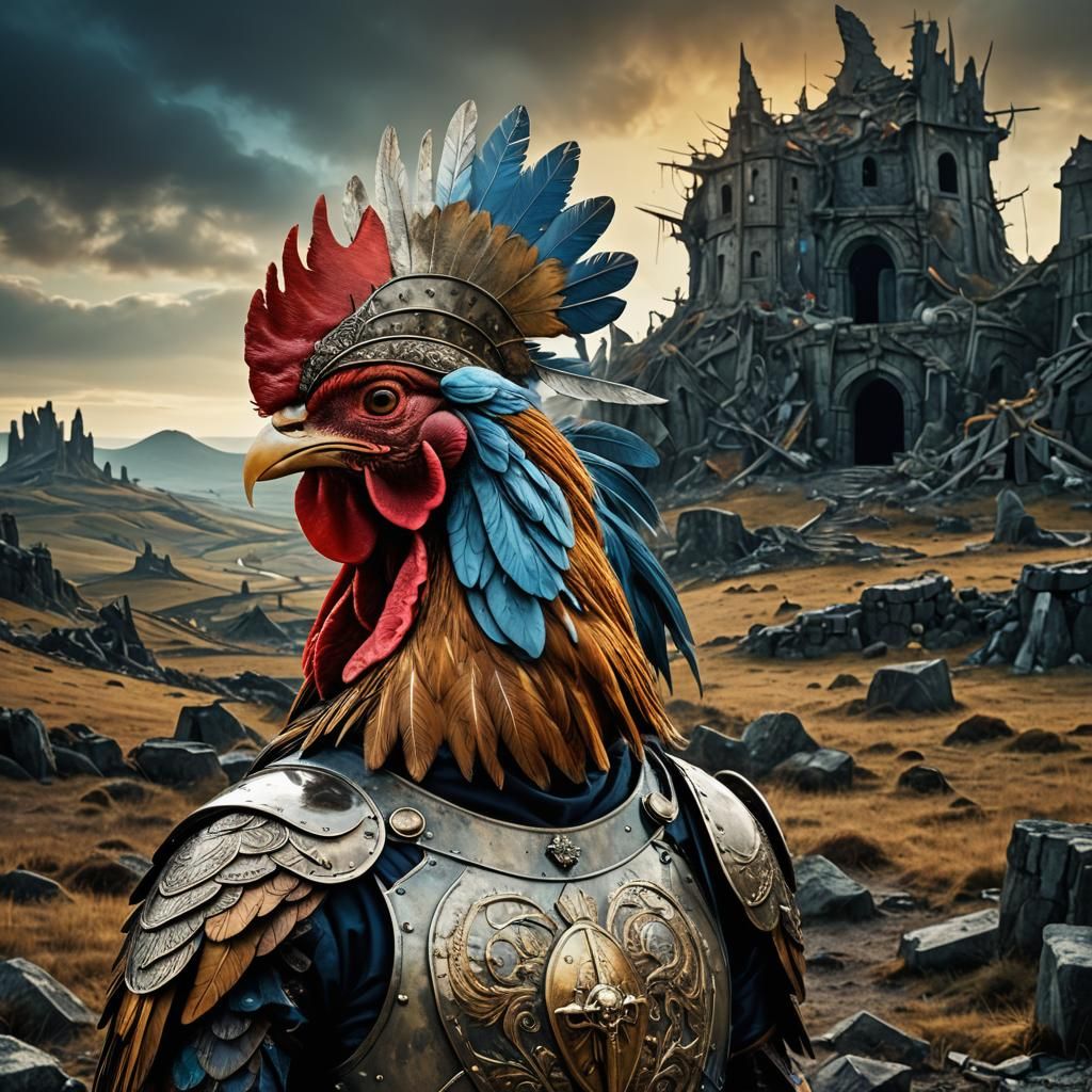 Surreal Cockerel in Dreamlike Landscape: Dada-Inspired Art