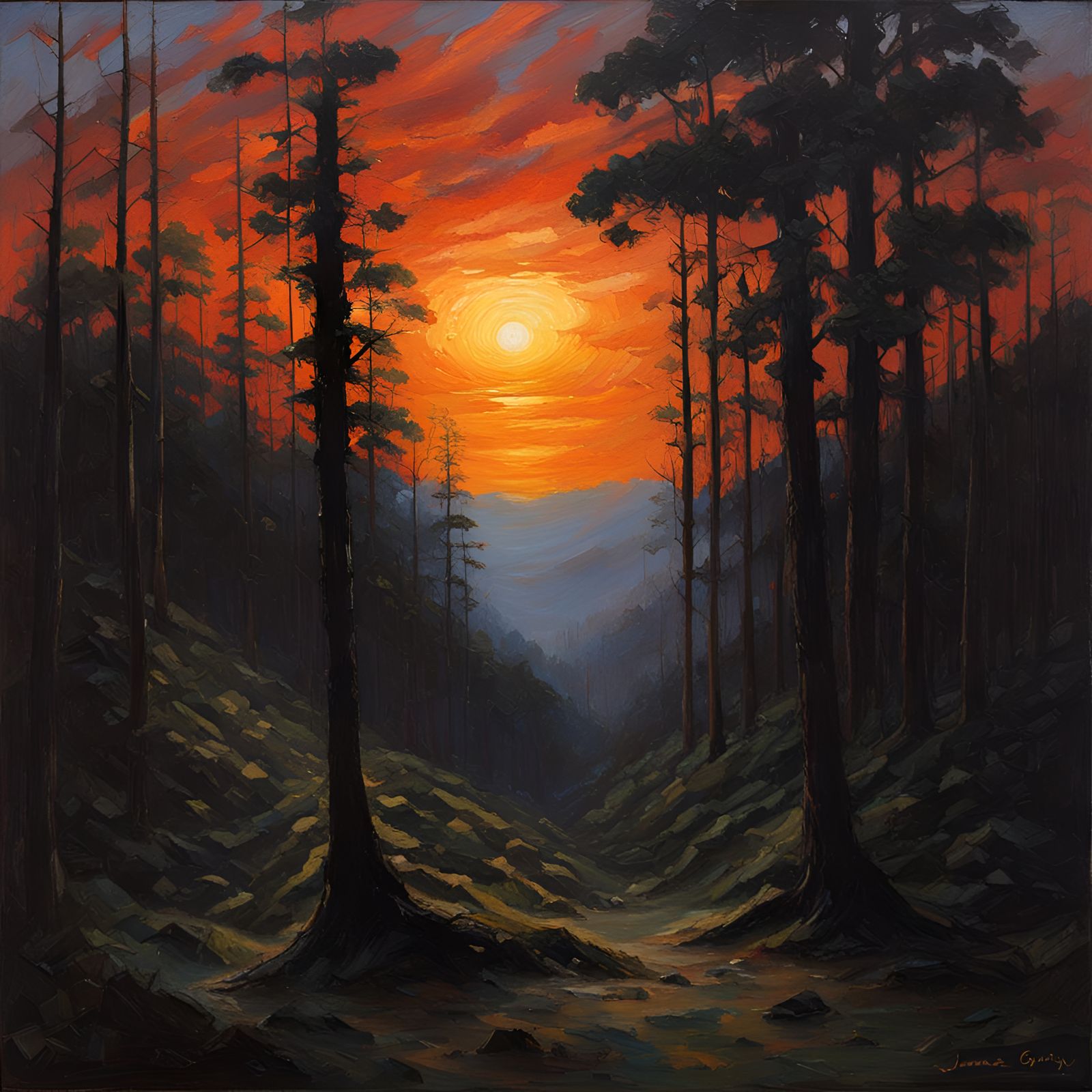 Silhouette in Dark Forest at Sunset, Oil Painting
