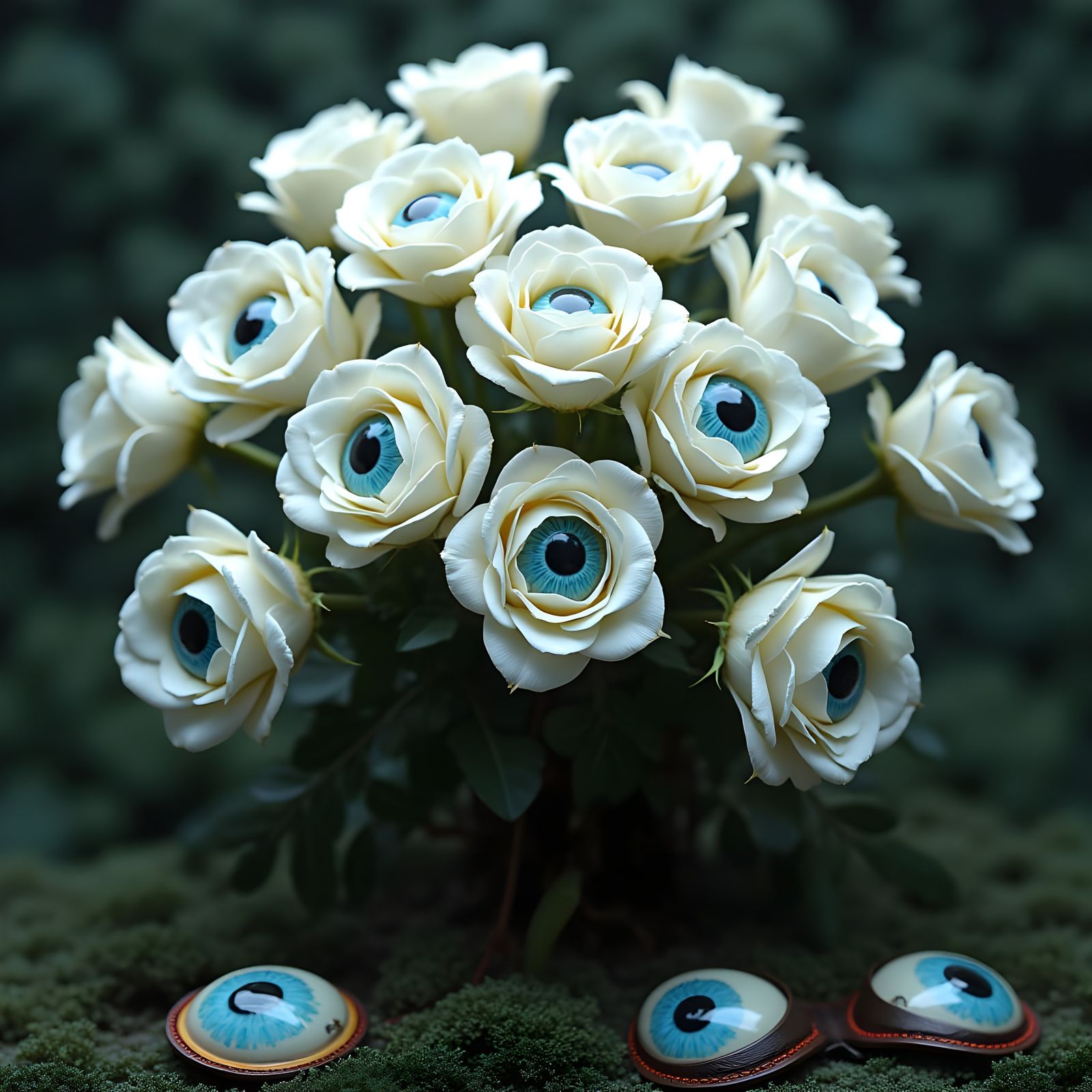 Surreal Hyperrealistic Roses with Unblinking Blue Eyeballs i...