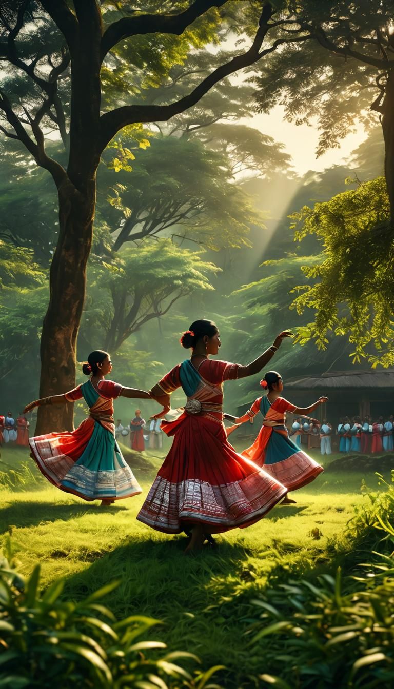 Assamese Bihu Dance in Lush Field, Vibrant Digital Art