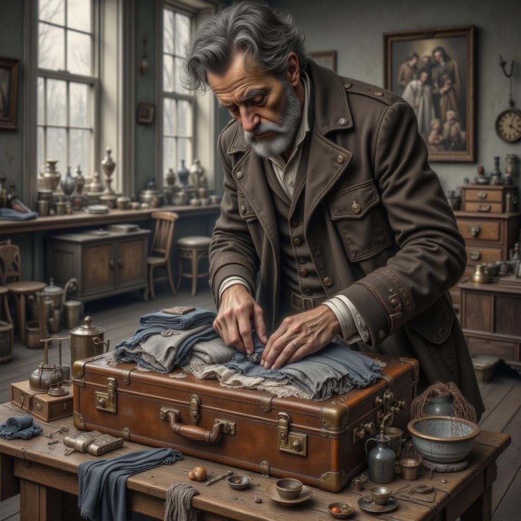 Man Packing Suitcase in Academic Style