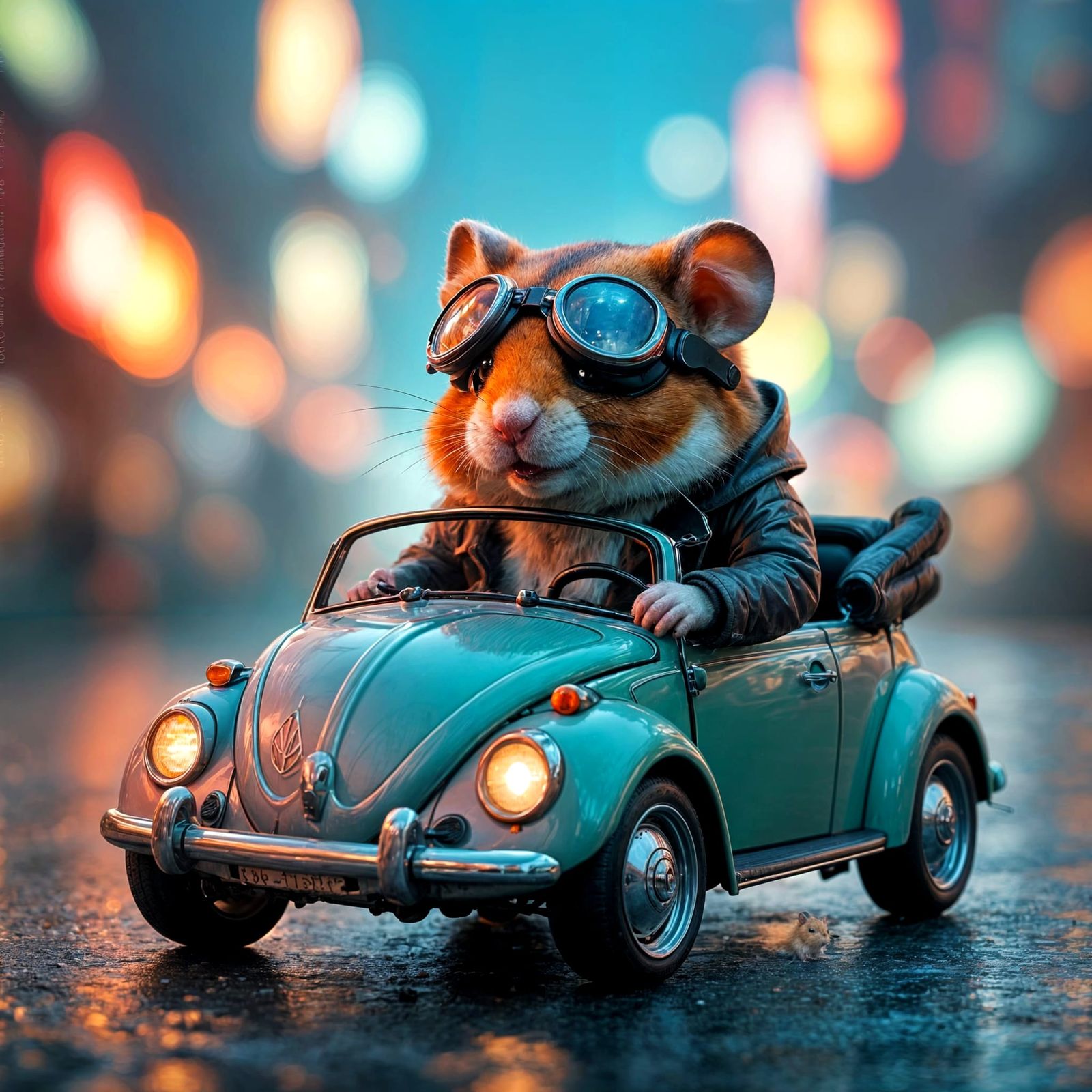 Anime Style Hamster in Cyberpunk Mecha VW Beetle
