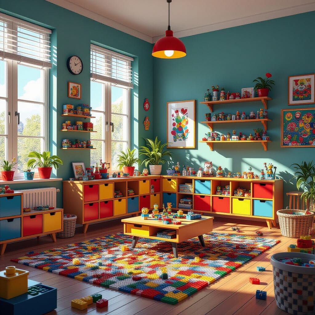 Room Filled with Colorful Lego Bricks in Digital Art