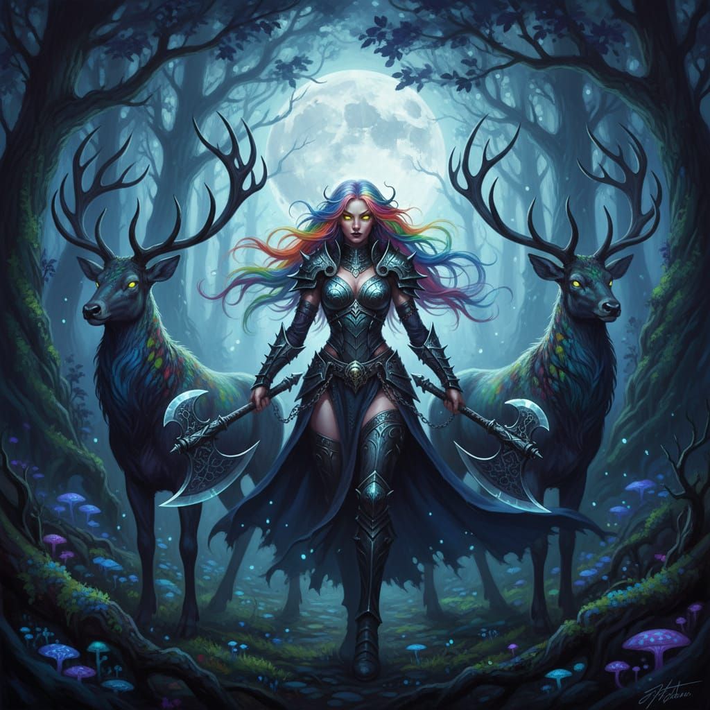 Gothic Warrior with Rainbow Hair in Moonlit Forest