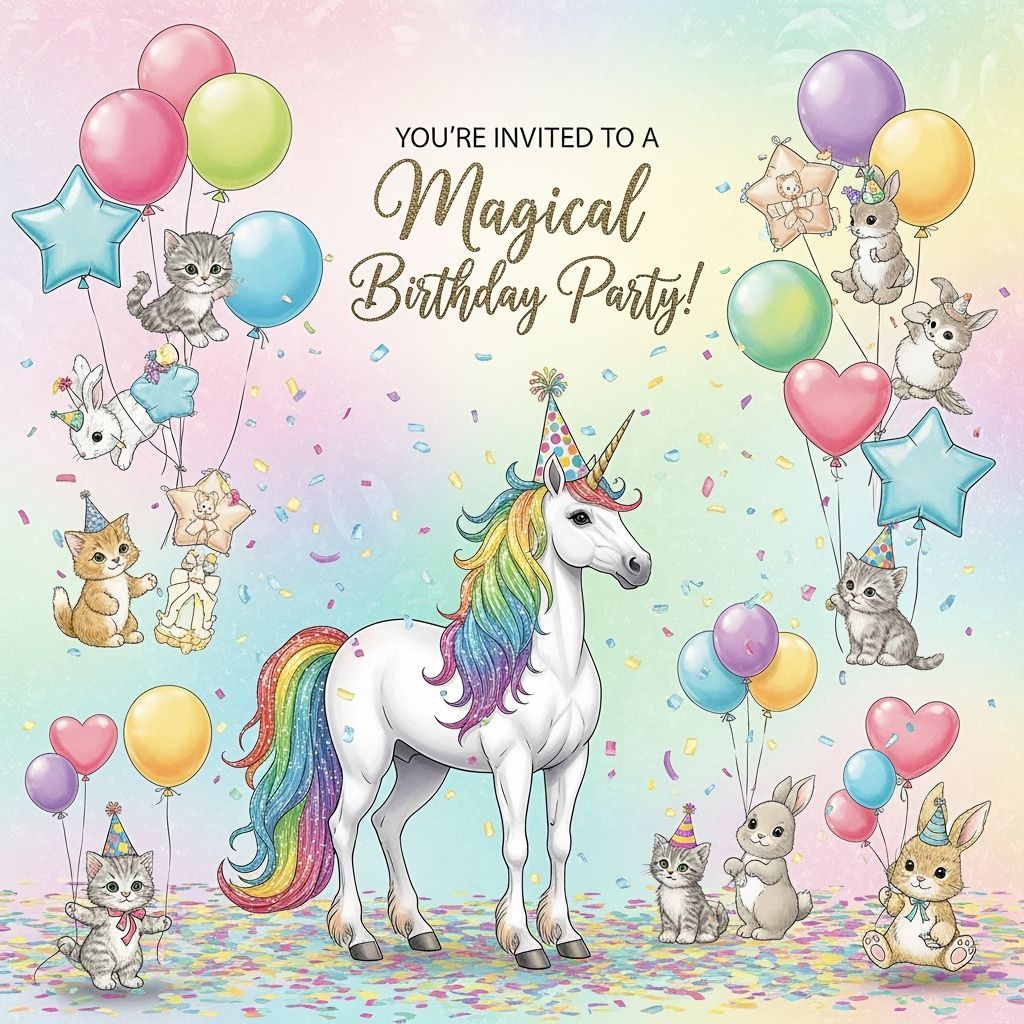 Magical Unicorn Birthday Party Invitation in Kawaii Style