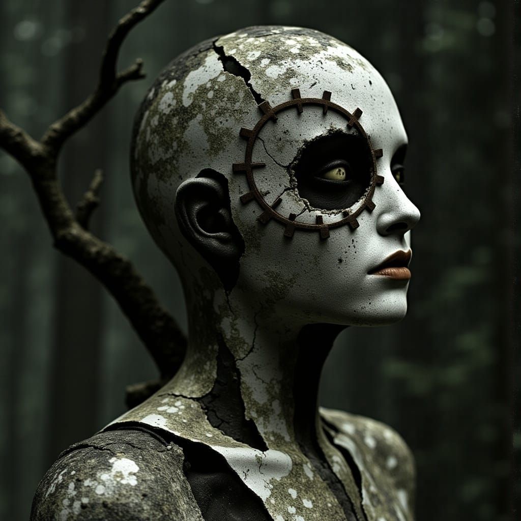 Dreamlike Woman Lost in Foreboding Forest with Worn Clockwor...