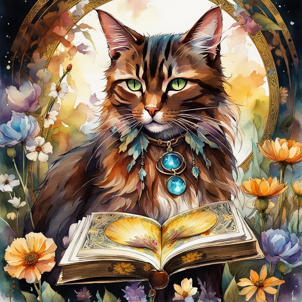 Dreamy Cat Surrounded by Tarot Cards in Watercolor