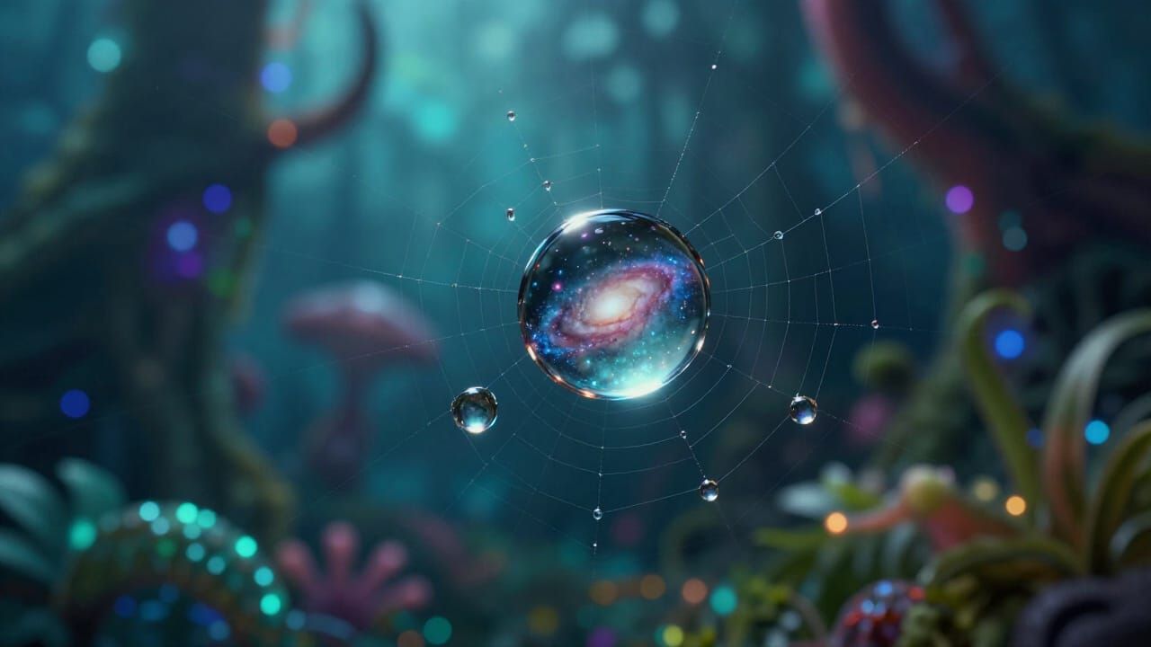 Macro Dewdrop Galaxy Reflection on Spider Silk