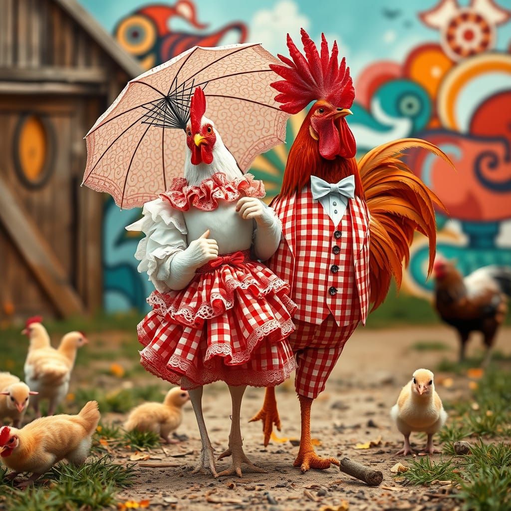 Elegant Farmyard Scene in Whimsical Hyperrealism