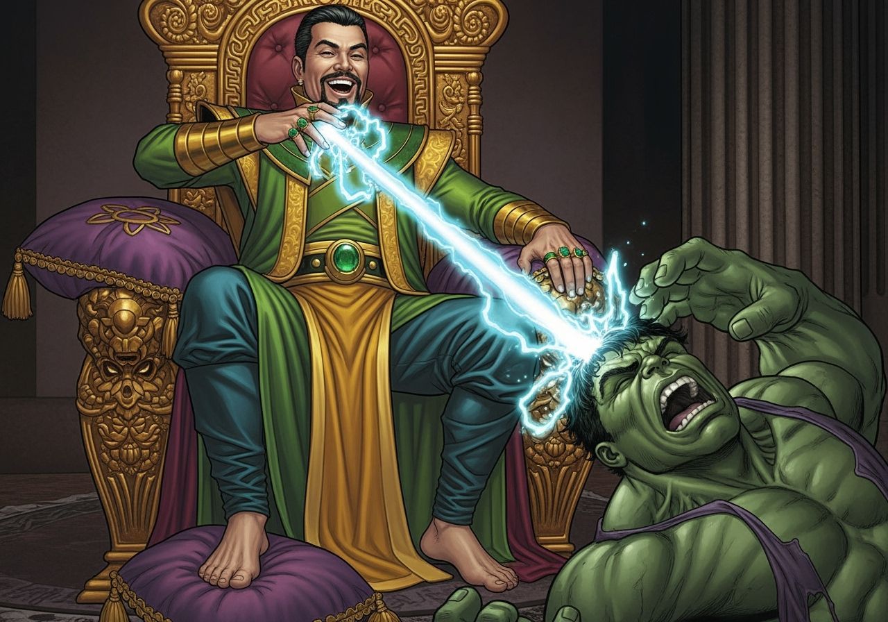 Mandarin Unleashes Energy Beam on Hulk in Comic Book Style