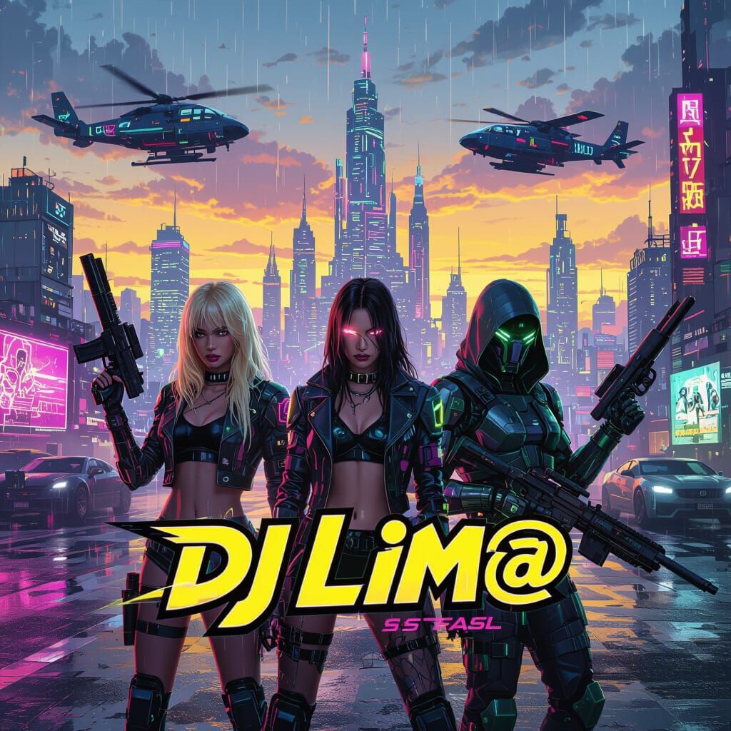 Cyberpunk Cityscape with Samurai, Ninjas, and DJ Robots