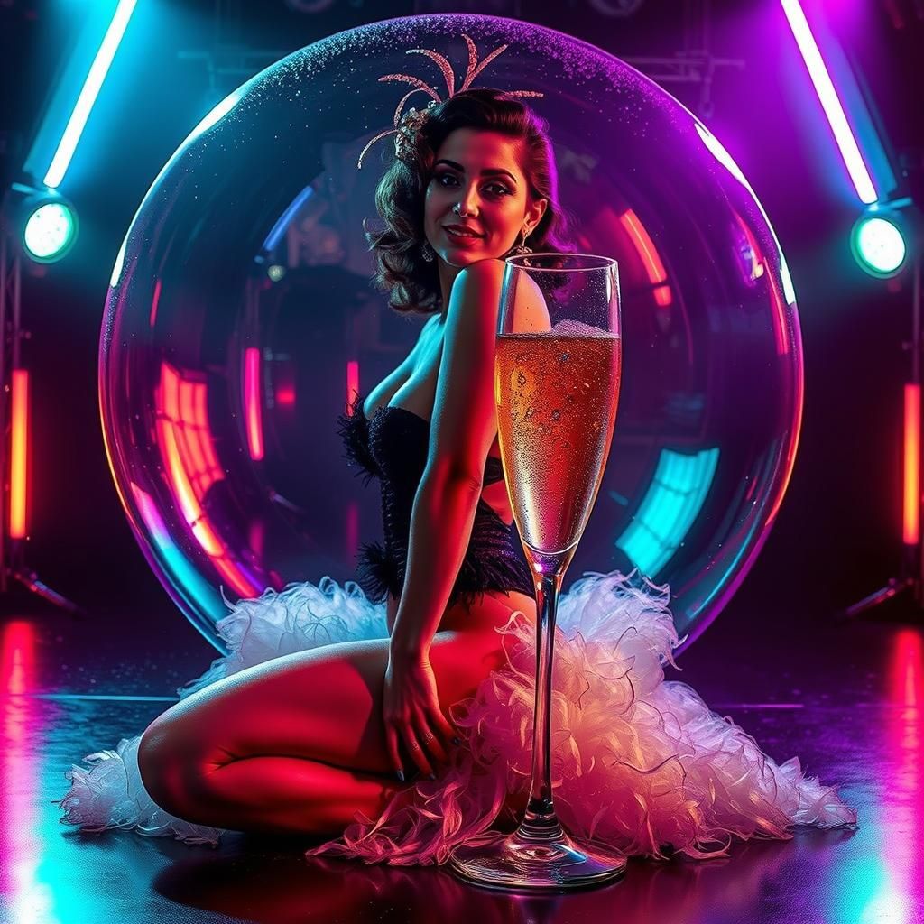 Burlesque Dancer in Champagne Glass with Neon Lights