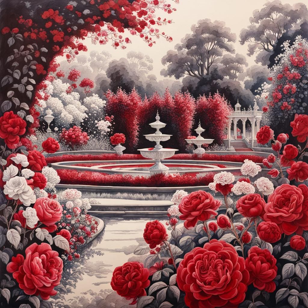 Idyllic Rose Garden in Red and White