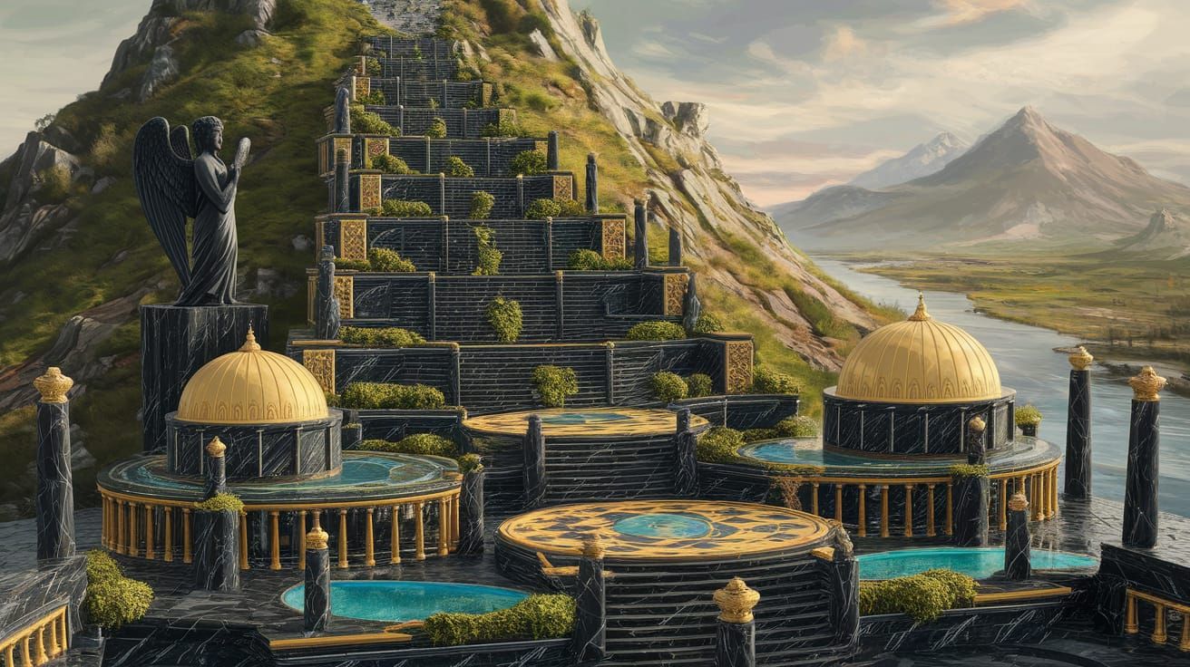 Black Marble Temple City Cascading Down Mountain with Angel ...