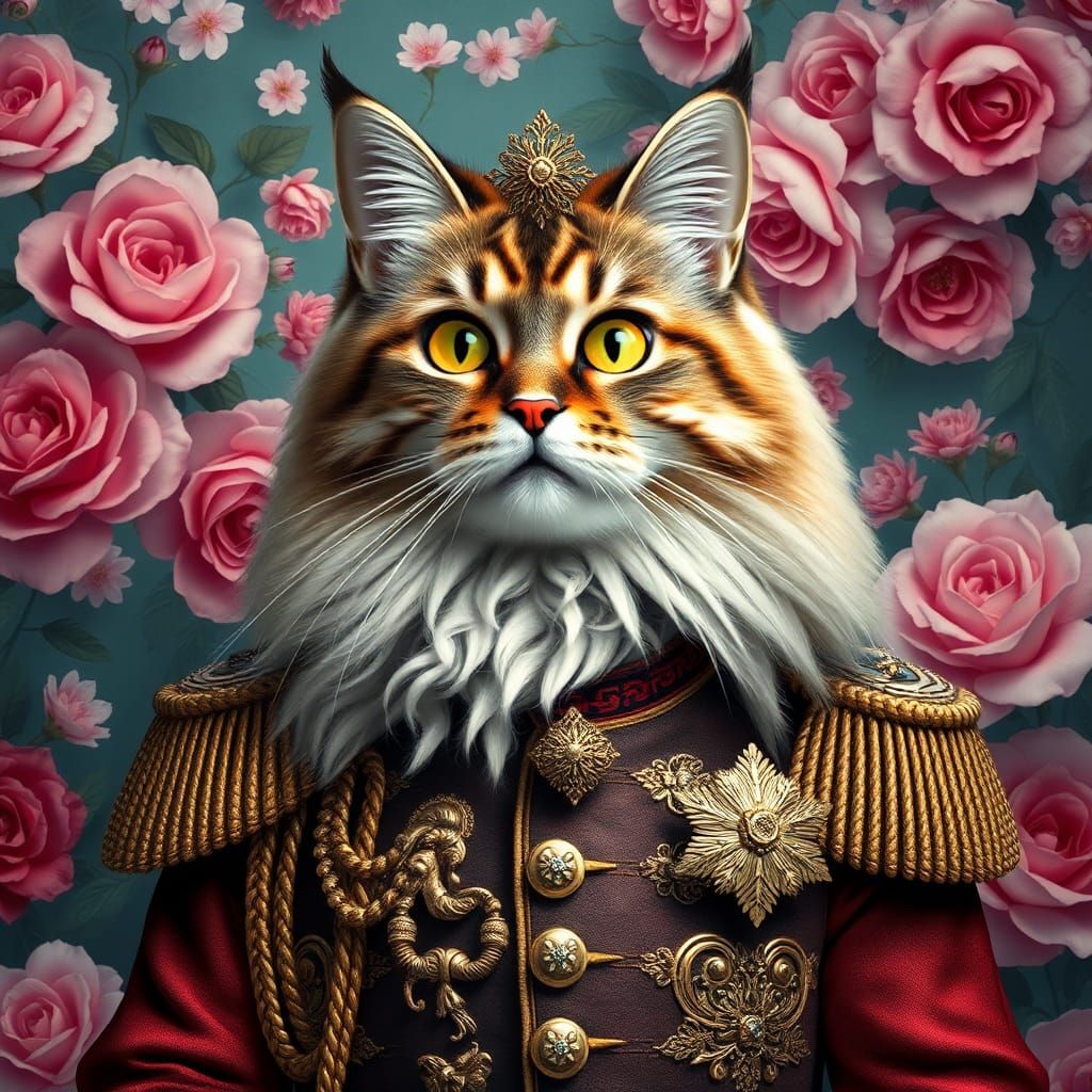 British Longhair Cat as Soldier in Dreamlike Floral Scene