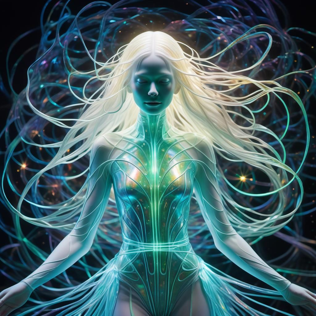 Iridescent Laser Light Woman in Bioluminescent Embrace