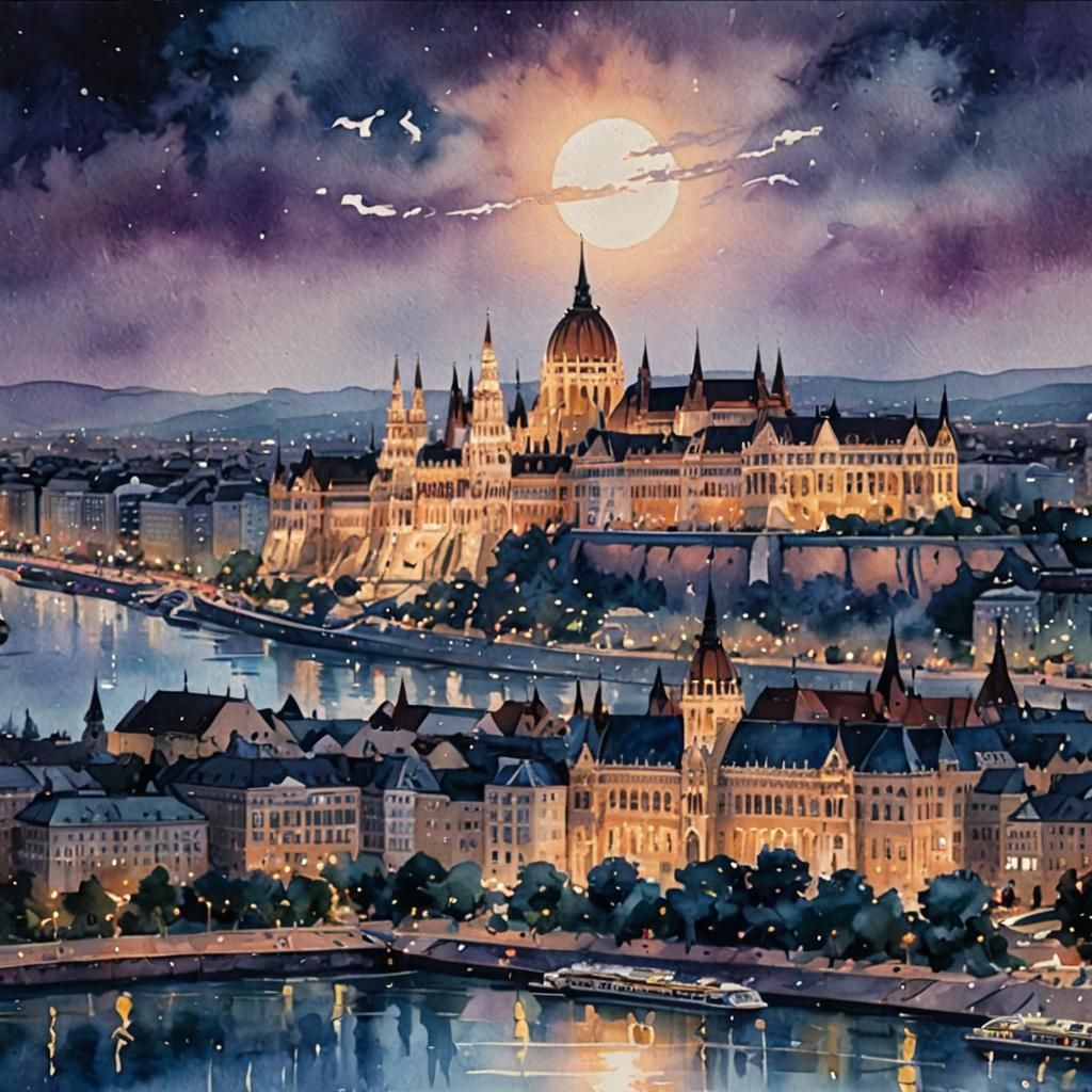 Moonlit Budapest Skyline in Watercolor Art