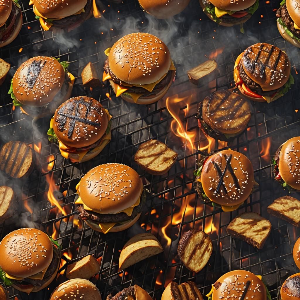 Surreal Hamburger Sizzling on BBQ Pit with Smoke
