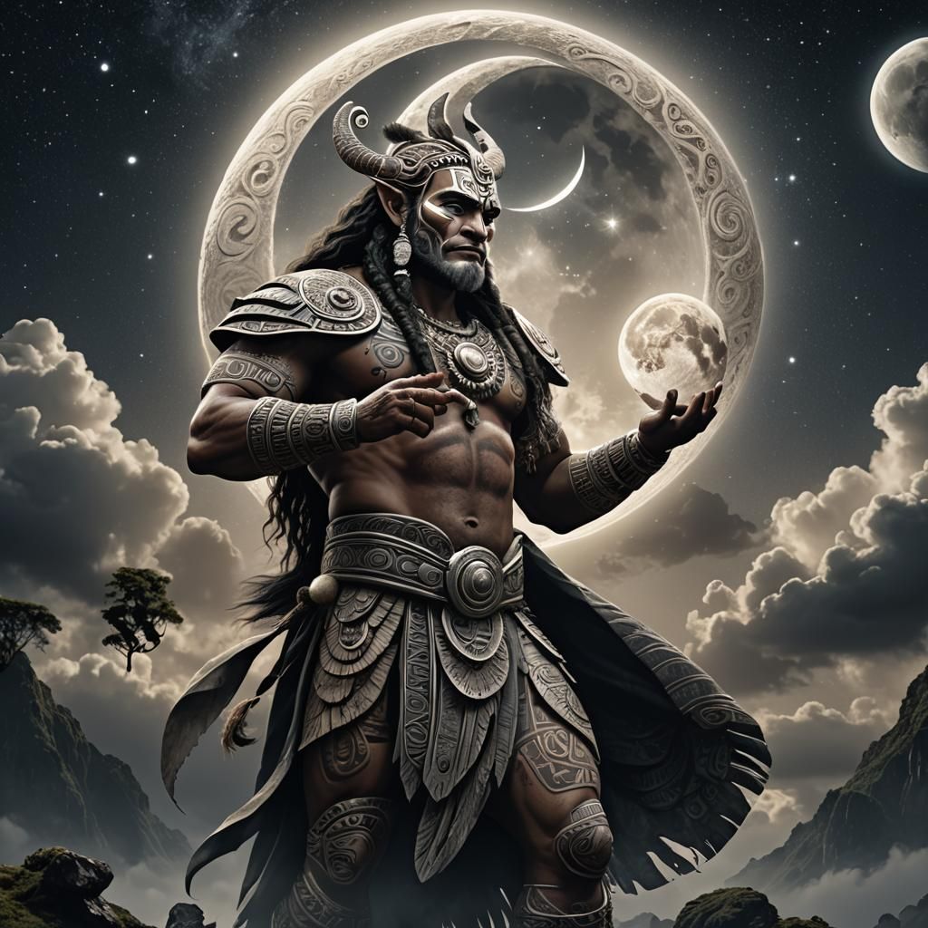 Maori God Holds Moon: Detailed Matte Painting