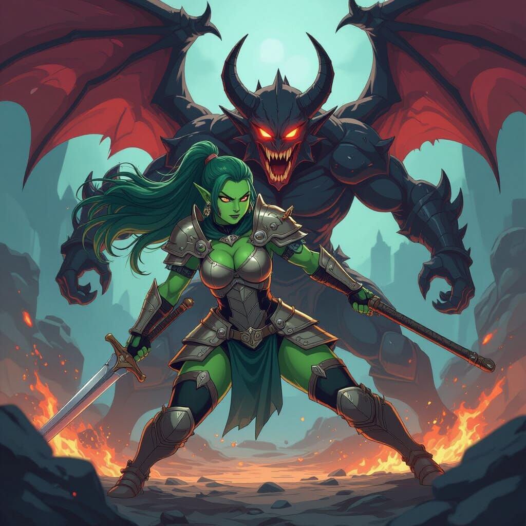 Orc Woman Fighting Demon in Studio Trigger Anime Style