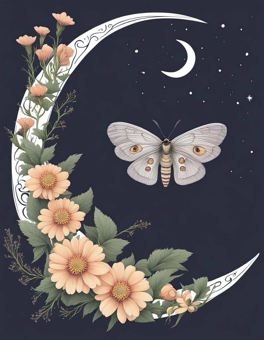 Moth and Crescent Moon with Flowers