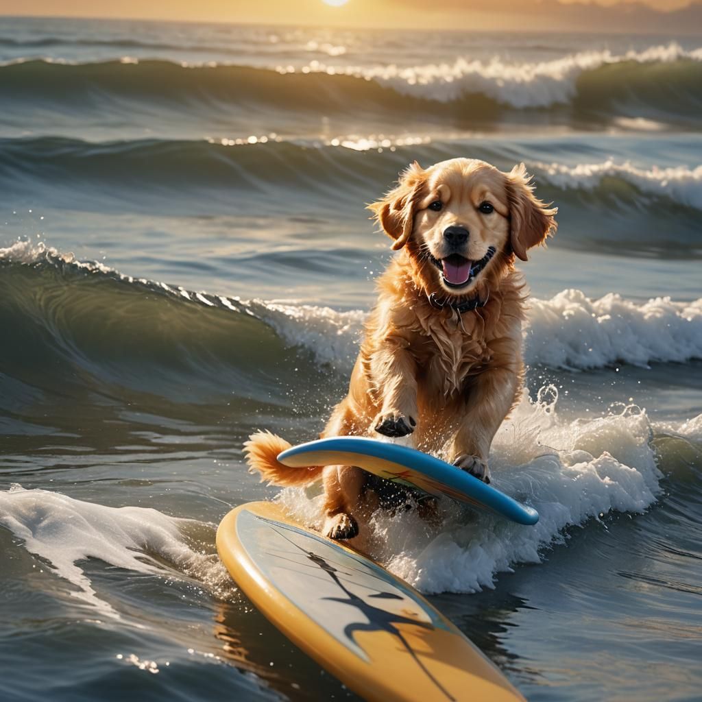 Golden Retriever Puppy Surfing: Hyperrealistic Digital Art