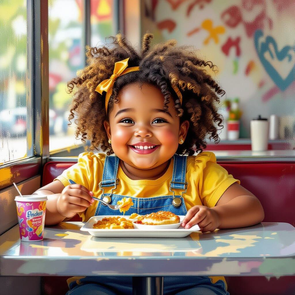Joyful Girl Chooses Lunch with Friends, Vibrant Street Art S...