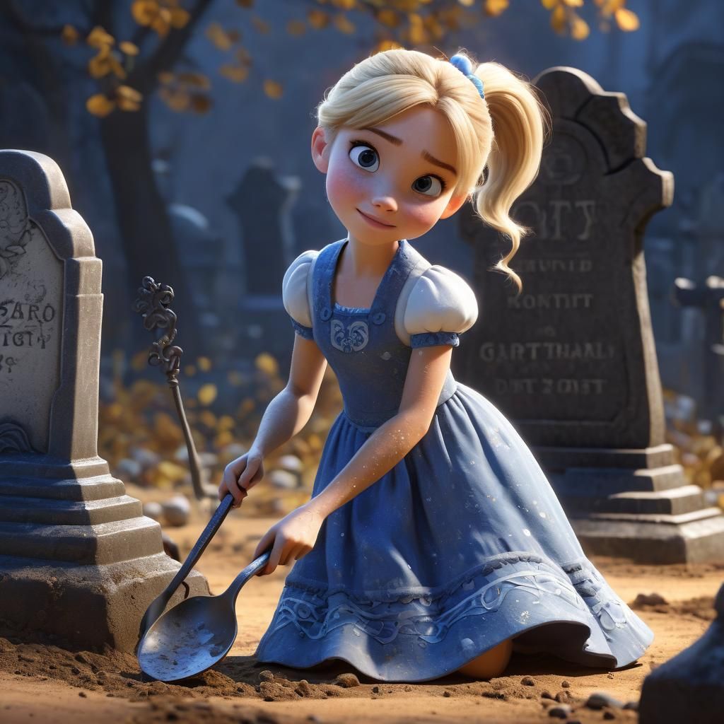 Girl Digging by Tombstone: 3D Digital Art