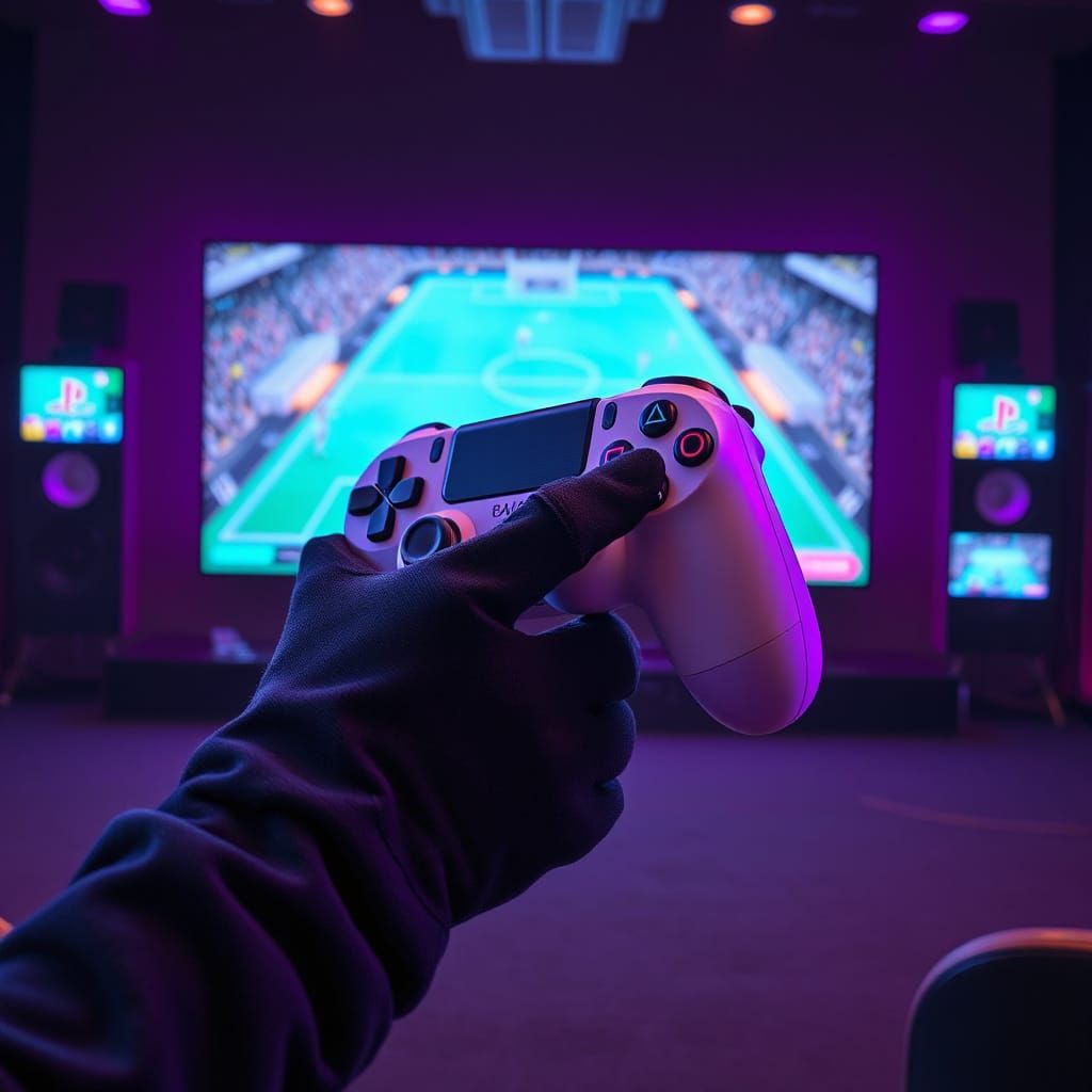 Gaming Glove Holds Neon Controller in Futuristic Soccer Matc...