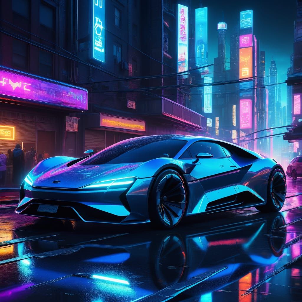 Sleek Car Hovering Over Neon City in Cyberpunk Style