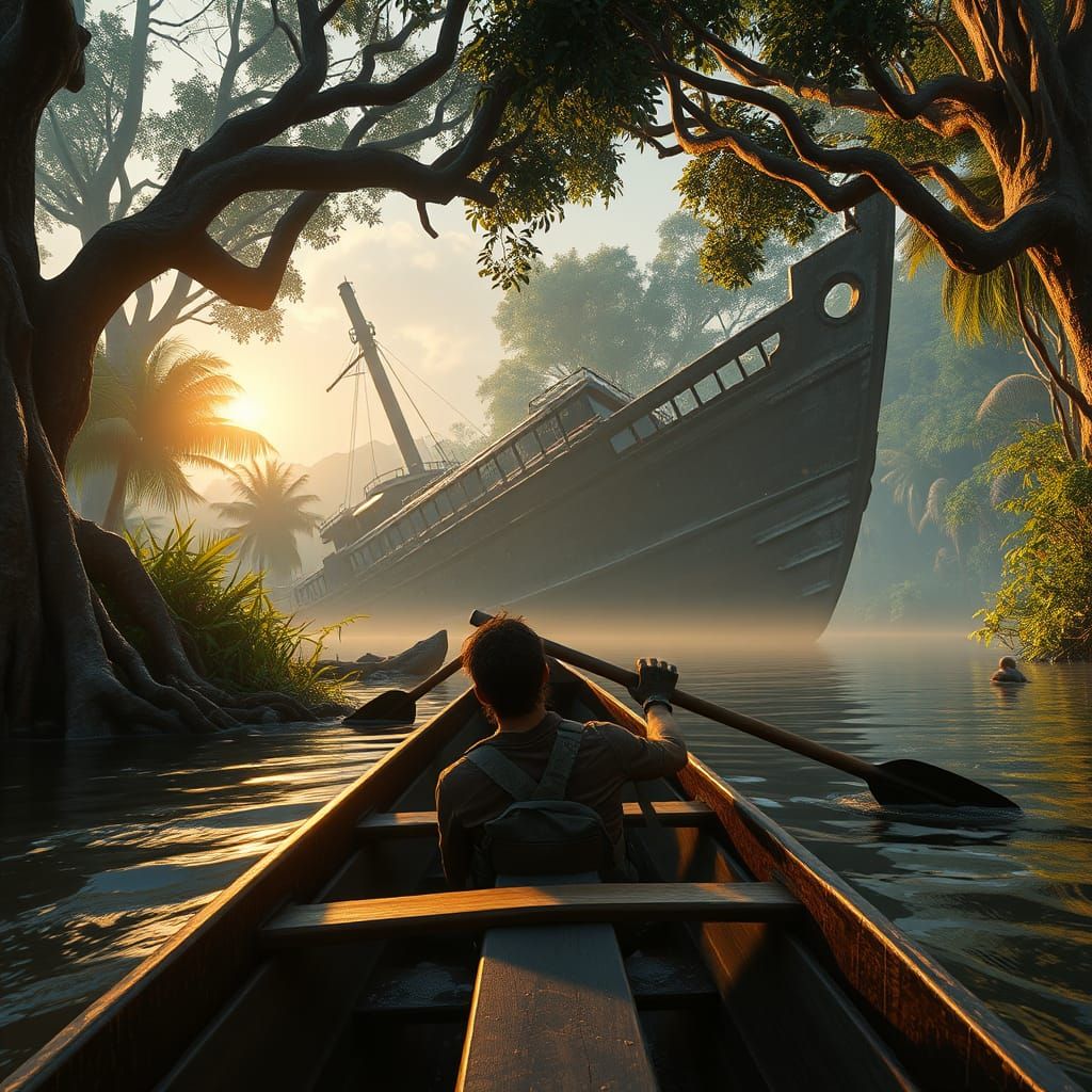 Amazon Canoe Adventure: Shipwreck in Fantasy Art Style