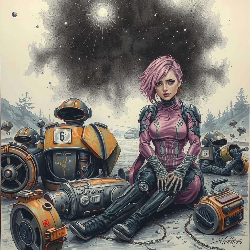 Pink-Haired Warrior Aftermath in Vintage Sci-Fi Style