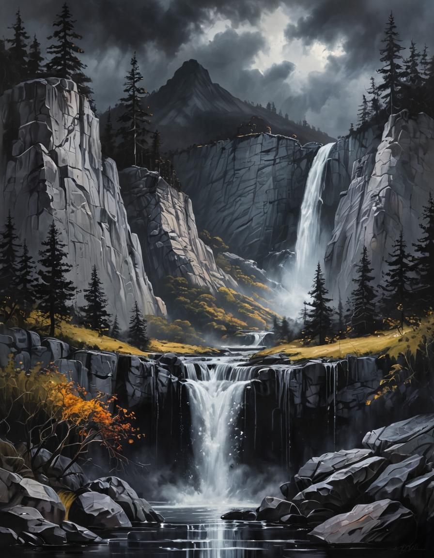 Mountain Waterfall Landscape with Silver Ink Accents