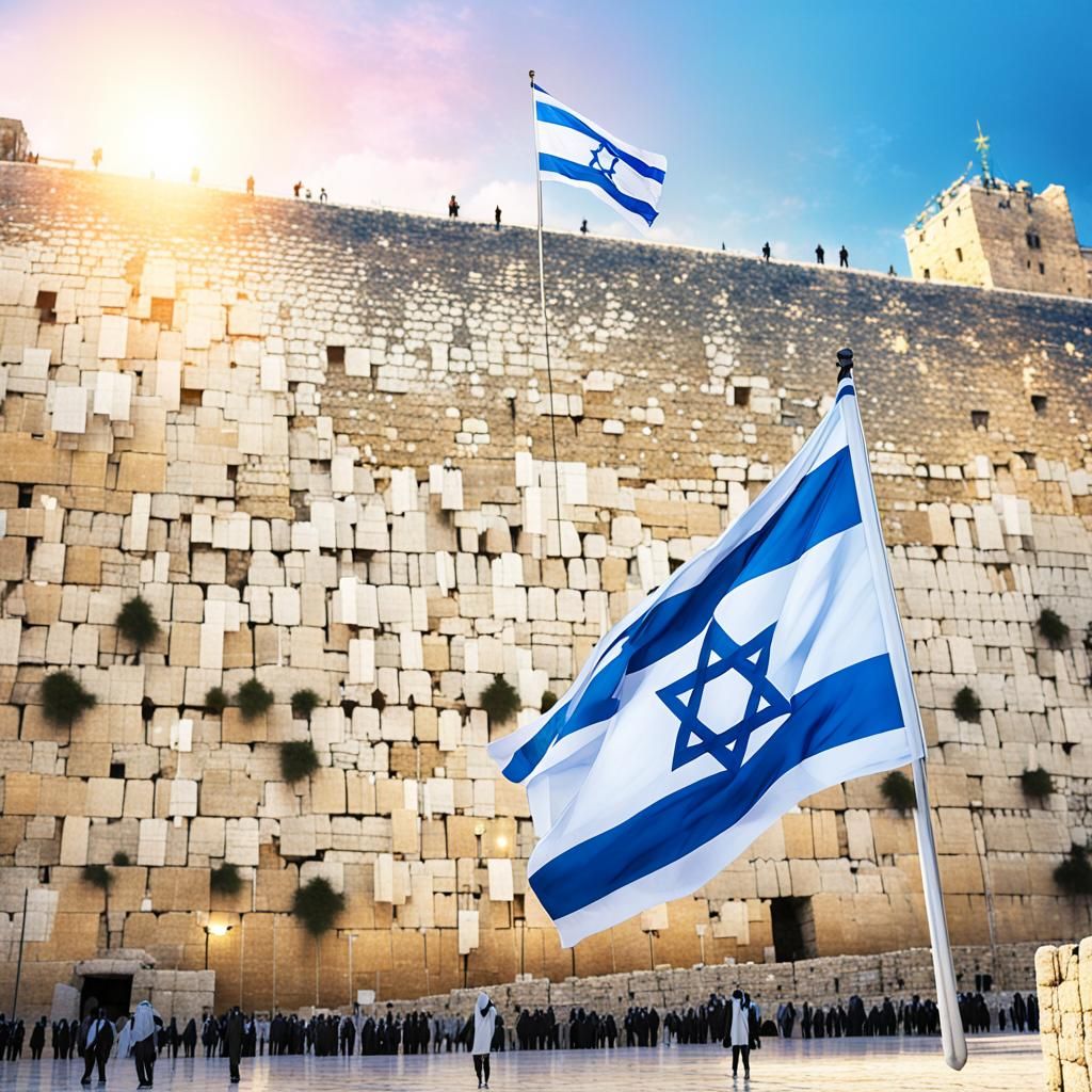 Vibrant Israeli Flag Waves Against Ancient Jerusalem Wall