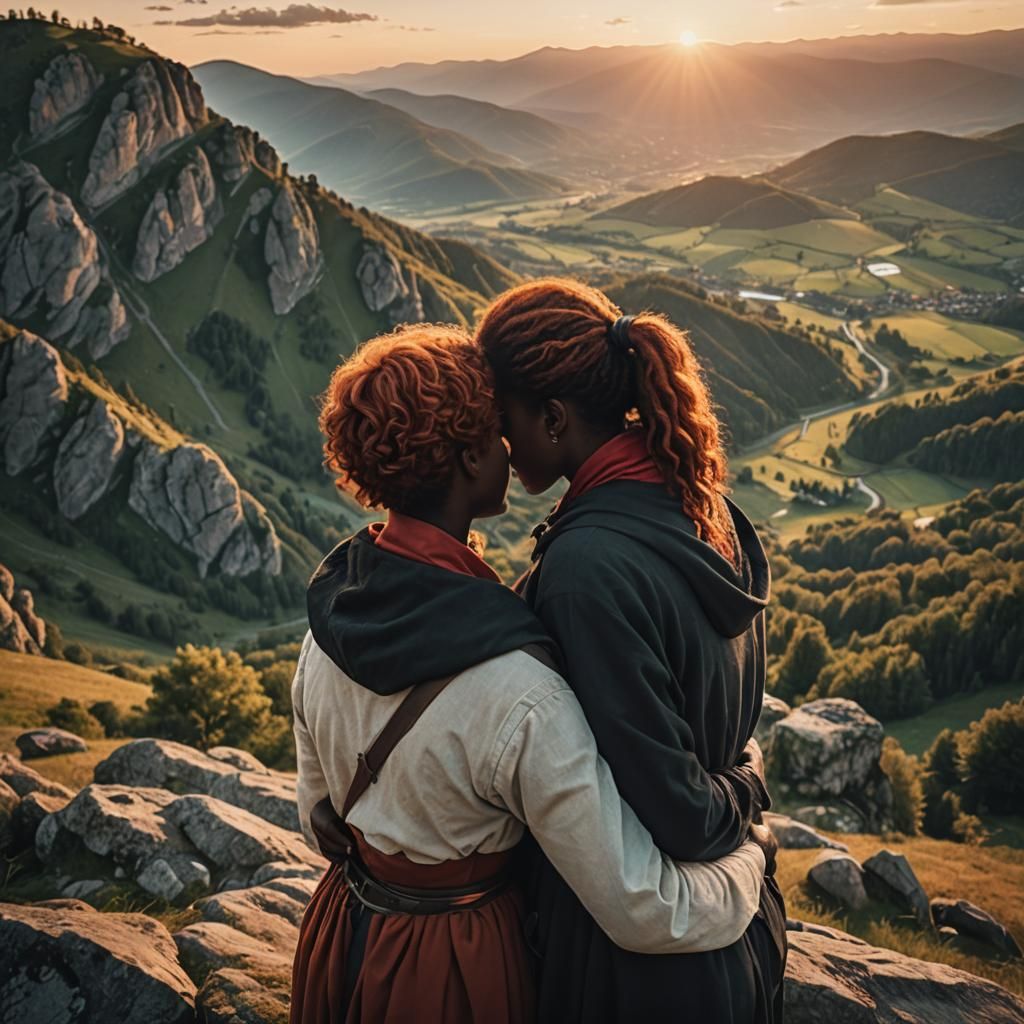 Lesbian Couple Embracing at Sunset