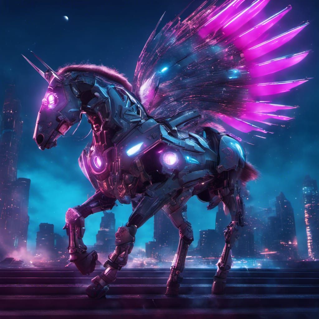 Futuristic Armored Cyborg Pegasus in Cyberpunk Style