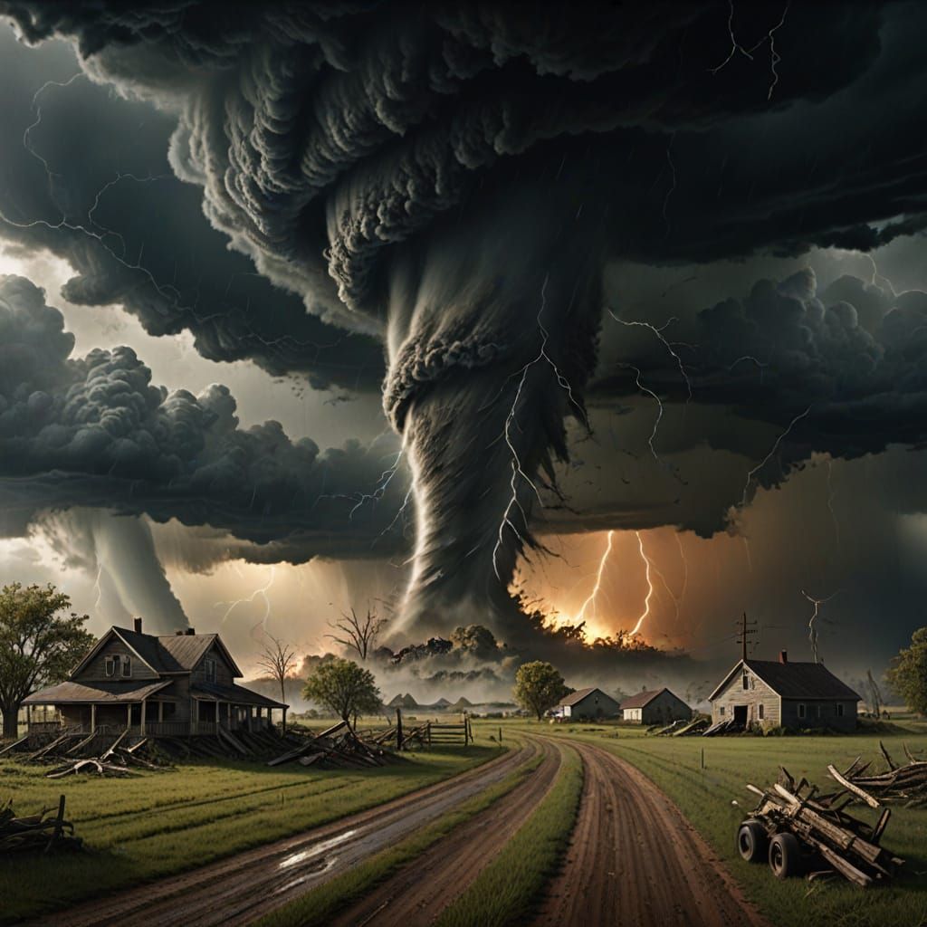 Massive Tornado in Rural Setting with Dramatic Lighting