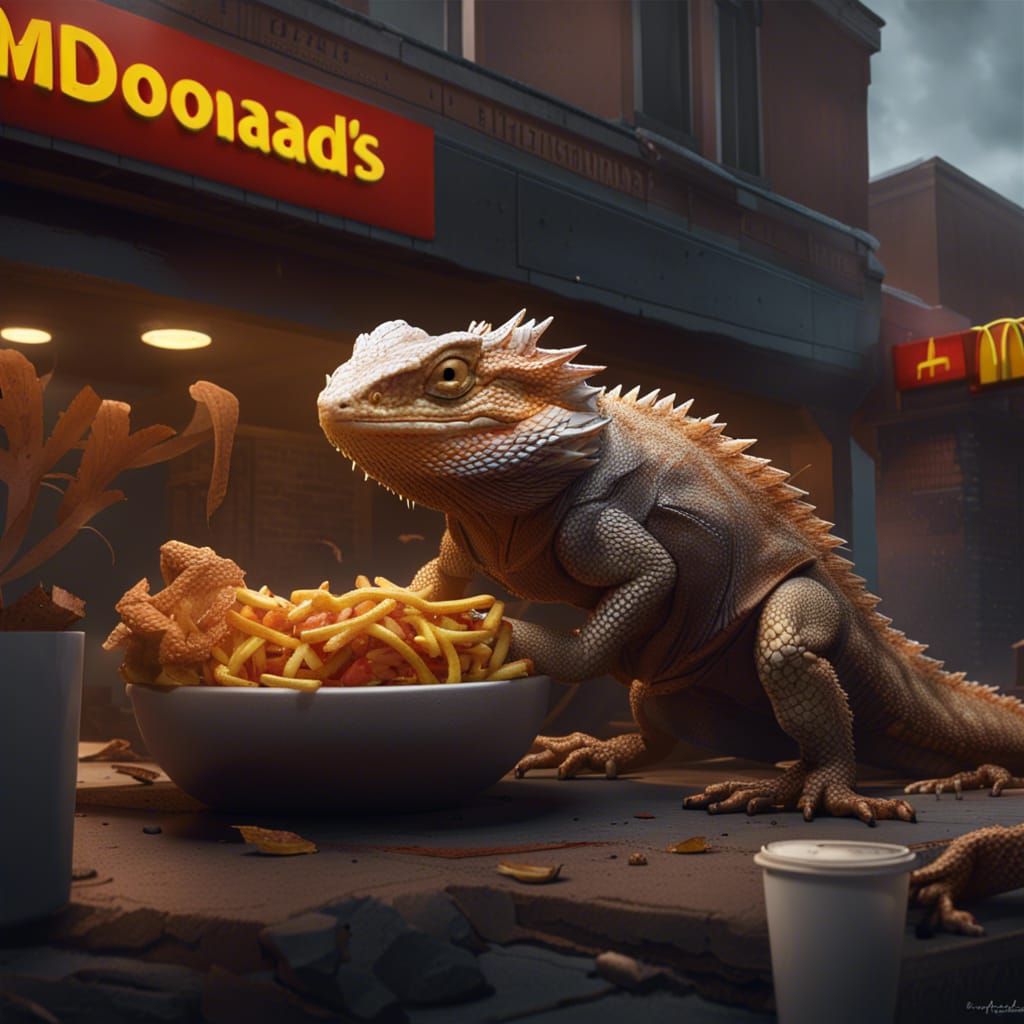 Giant Bearded Dragon Devouring McDonald's, Dark Fantasy Art