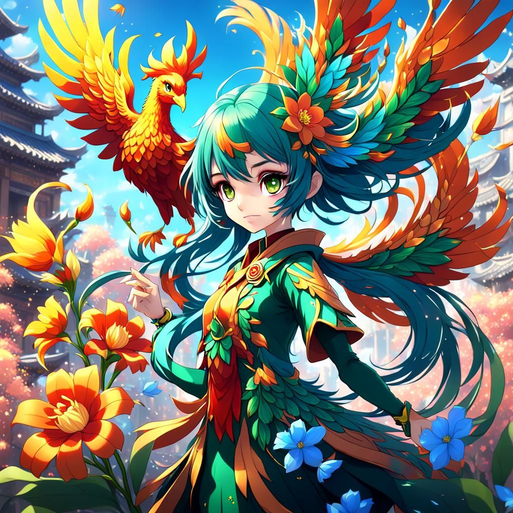 Anime Cute Flower Phoenix Girl: Detailed Matte Painting