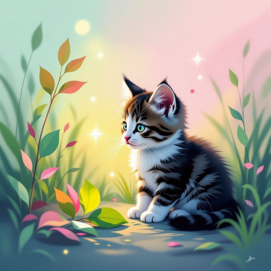 Ethereal Minimalist Painting of a Cub Playing with a Leaf