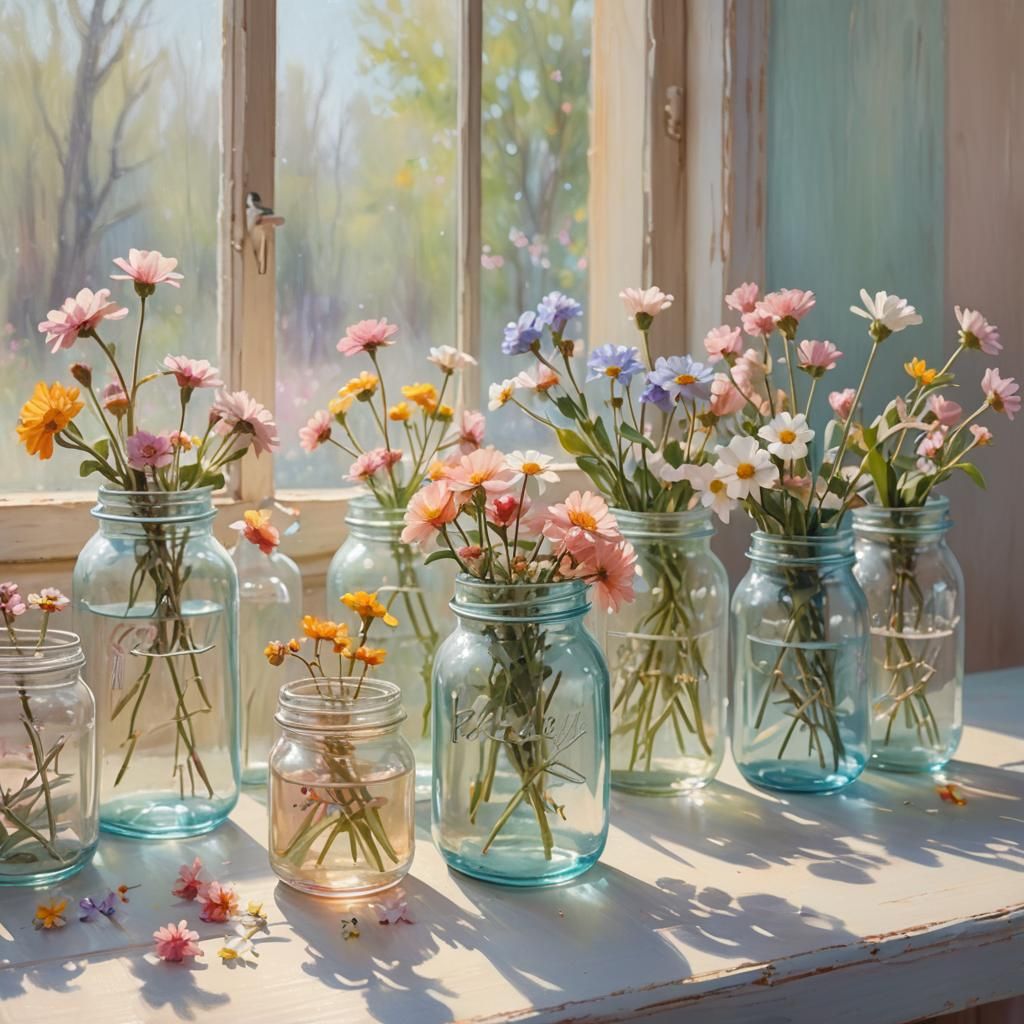 Draw Jars filled with mini flowers in soft colors