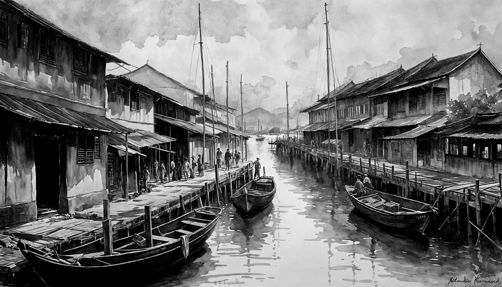 19th Century Penang Docks Watercolour Painting