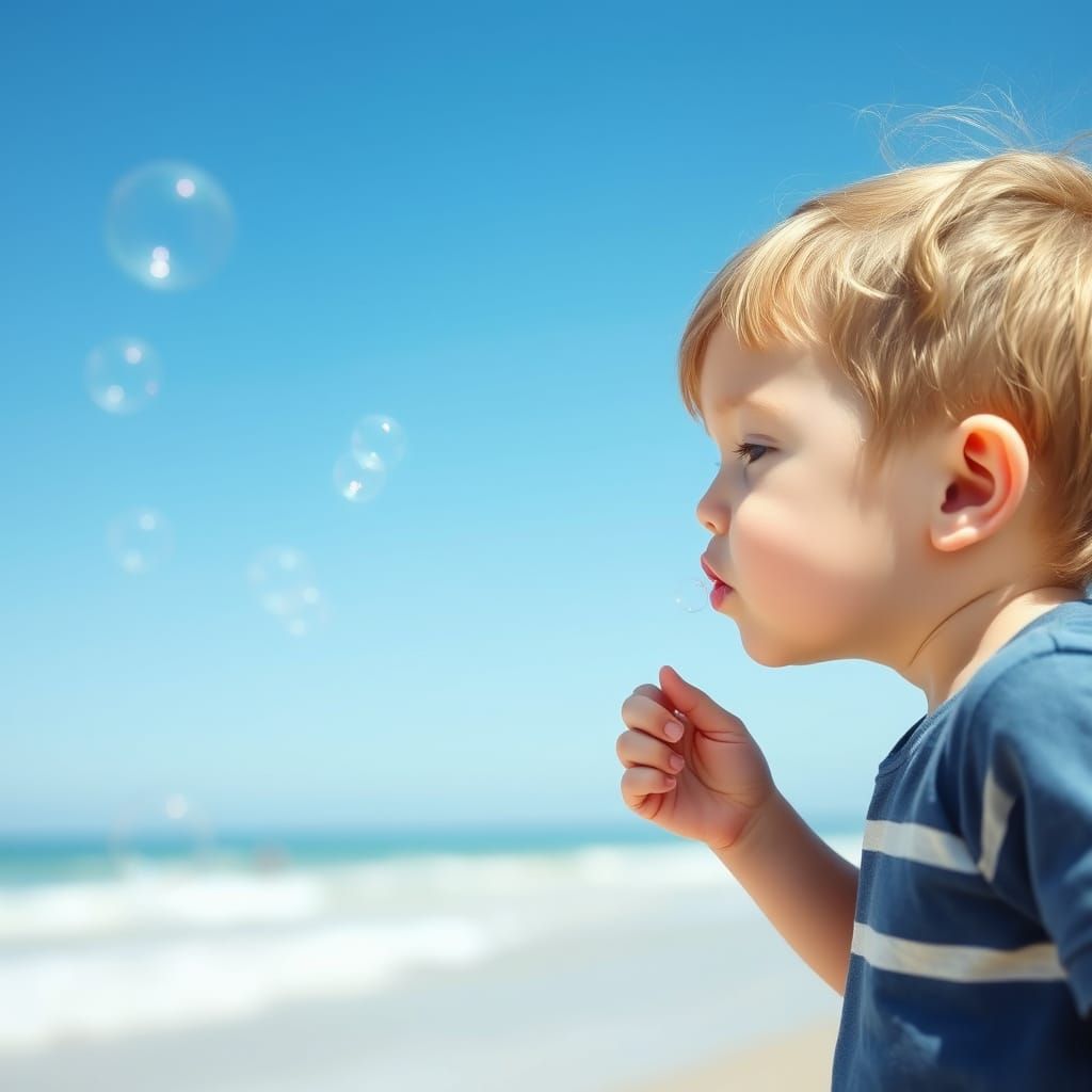 Child Blowing Bubbles at the Seaside