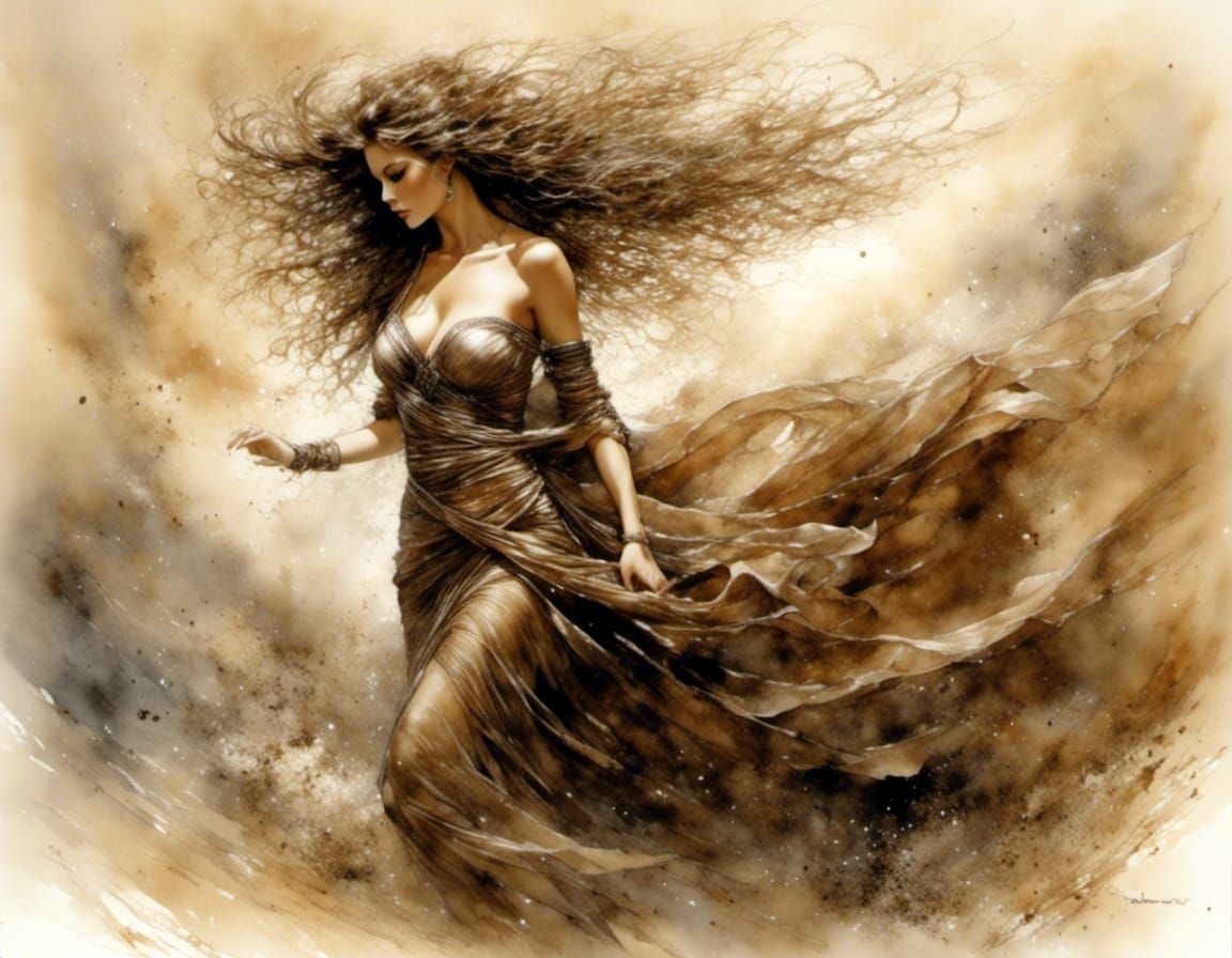 Voluptuous Woman in Wind, Illustration in Earth Tones